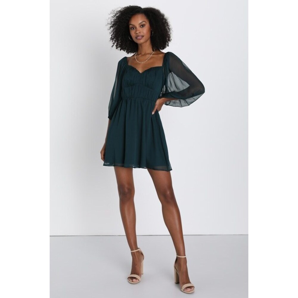 Lulus Vivacious Arrival Emerald Chiffon Balloon Sleeve Mini Dress Green - Size L